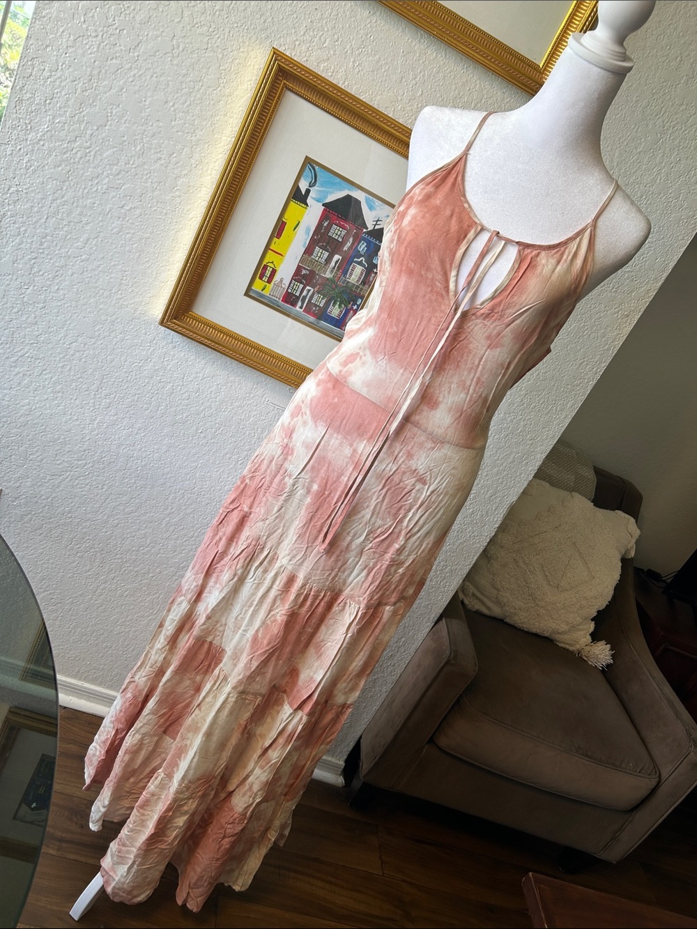 Band of Gypsies Boho Style  Pink Tie-Dye Maxi Dress with Keyhole Neck